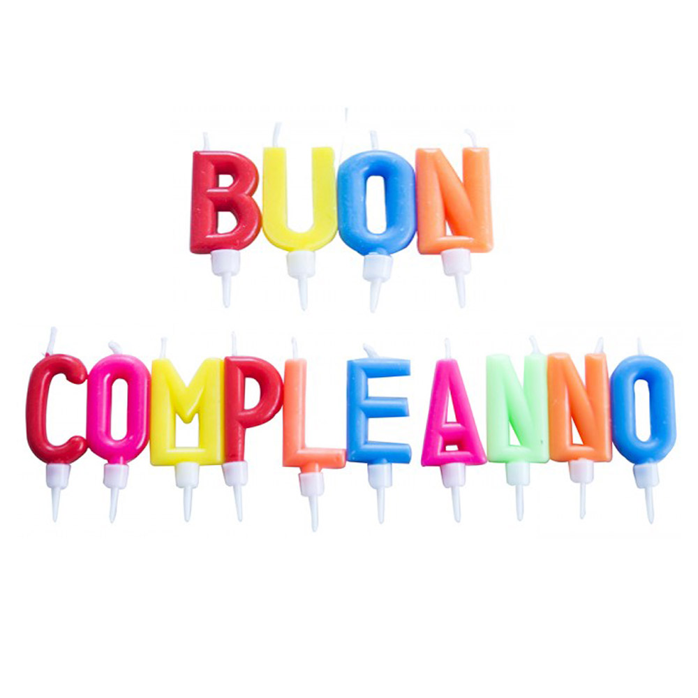 Pacco candeline in paraffina con lettere scritta Buon Compleanno multicolore.