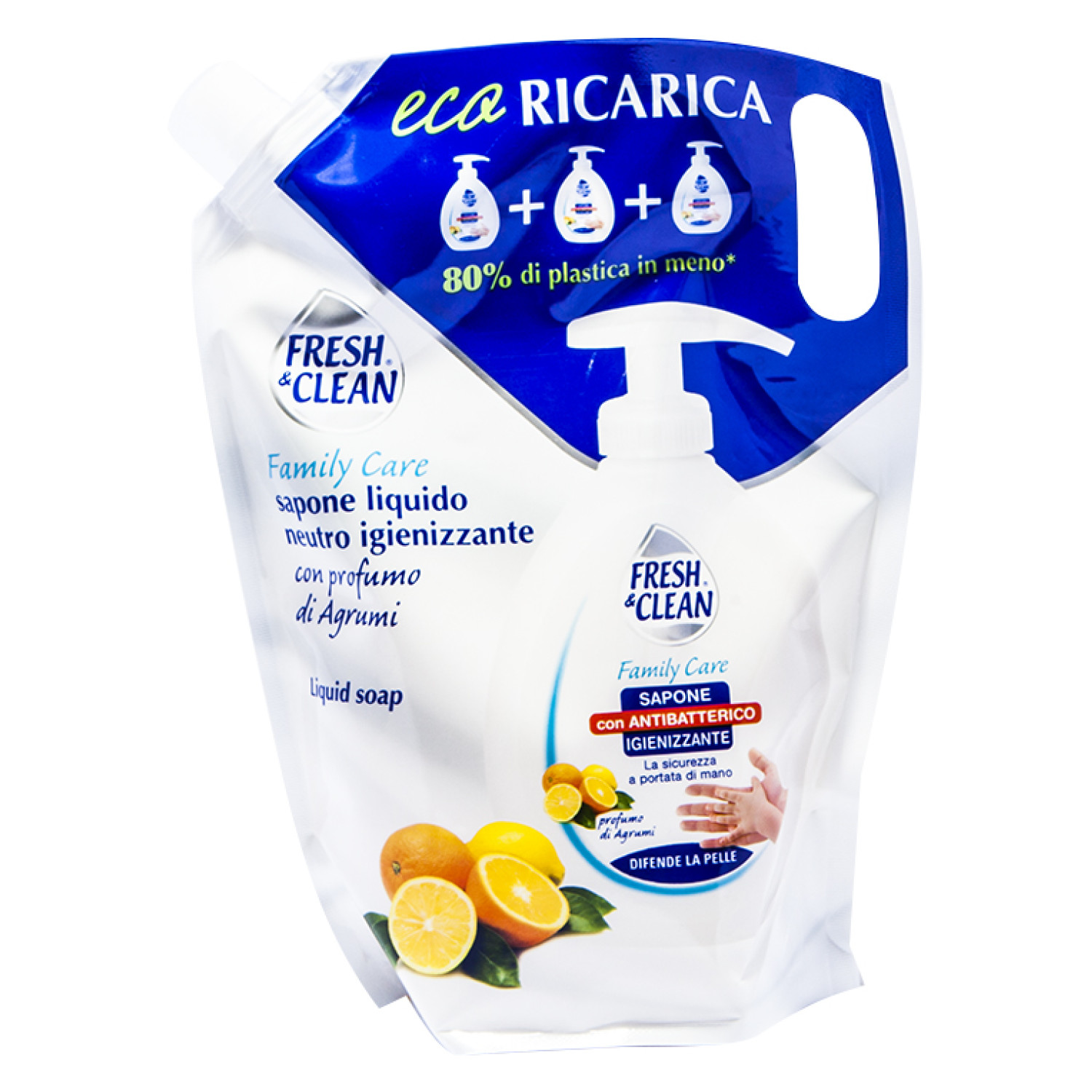 Fresh&Clean Sapone Liquido Igienizzante al profumo di agrumi Eco Ricarica 900ML